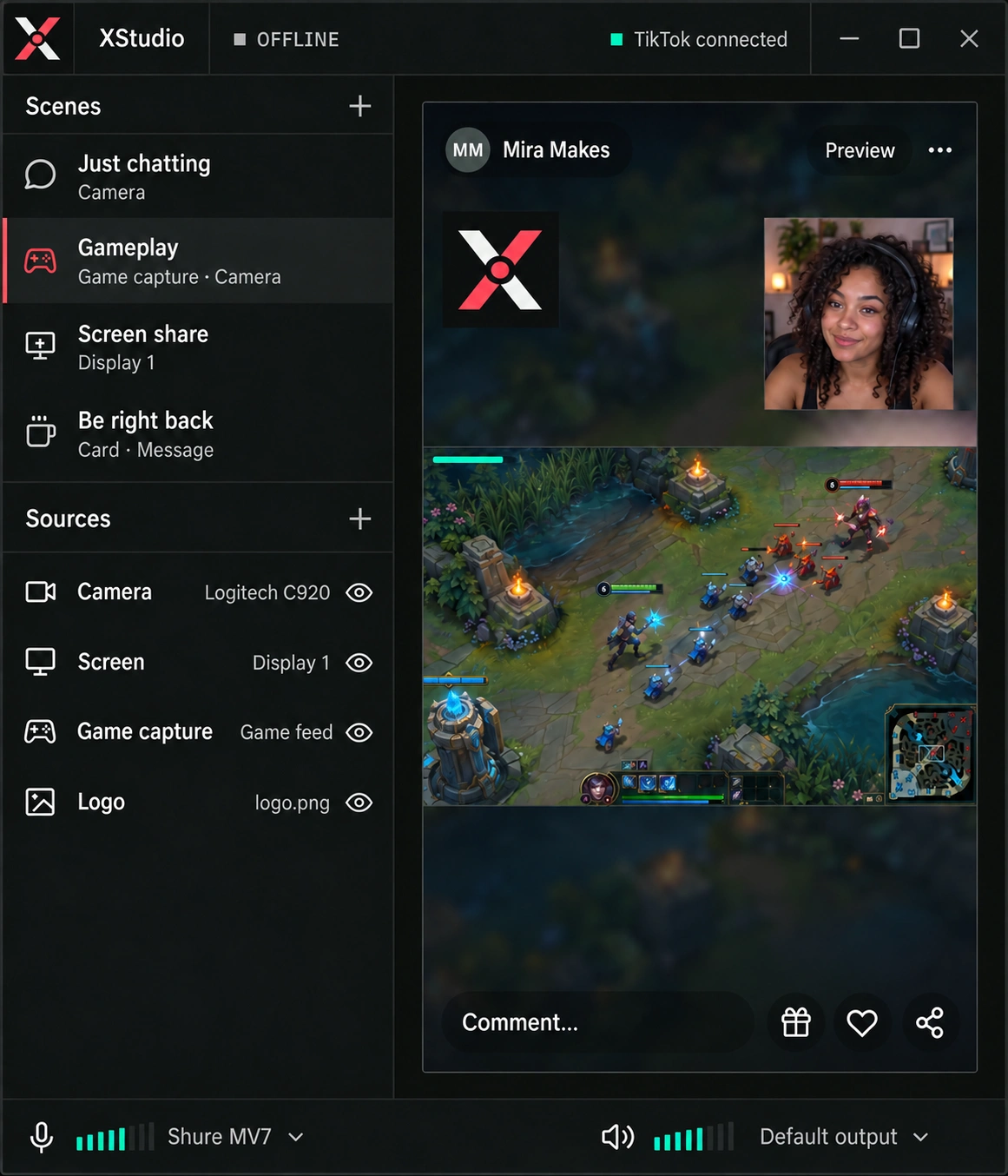 Illustrative XStudio preview with a generated creator on camera and simulated MOBA gameplay in a vertical scene.